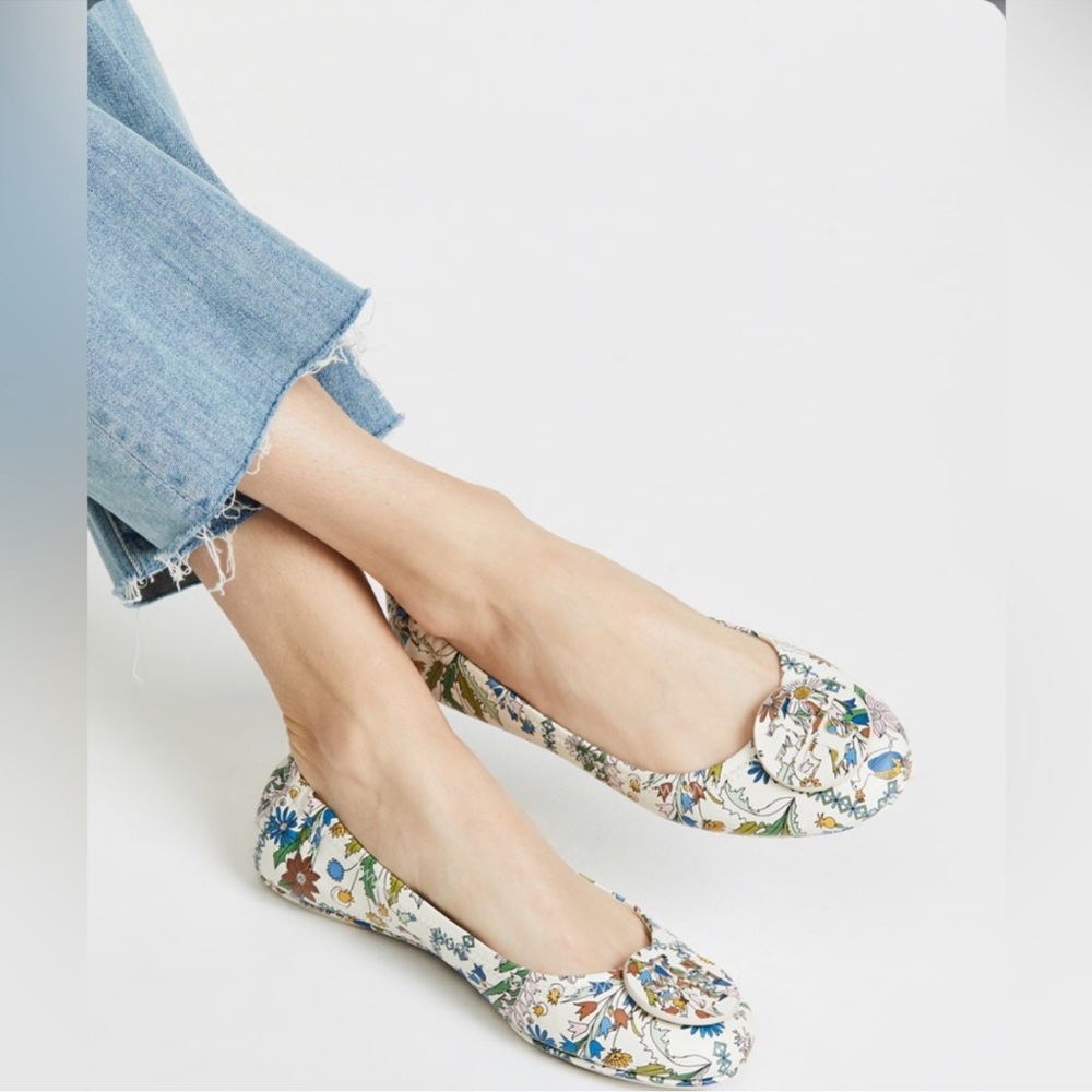 Tory Burch Minnie Ivory Meadows Folly Travel Ivory and Blue ballet flats